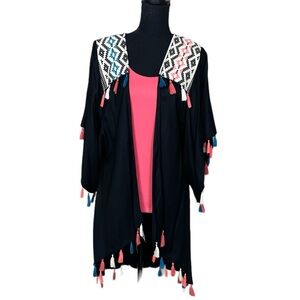 EUC Judith March Black with Multicolor Tassels Kimono Shrug (GMH)